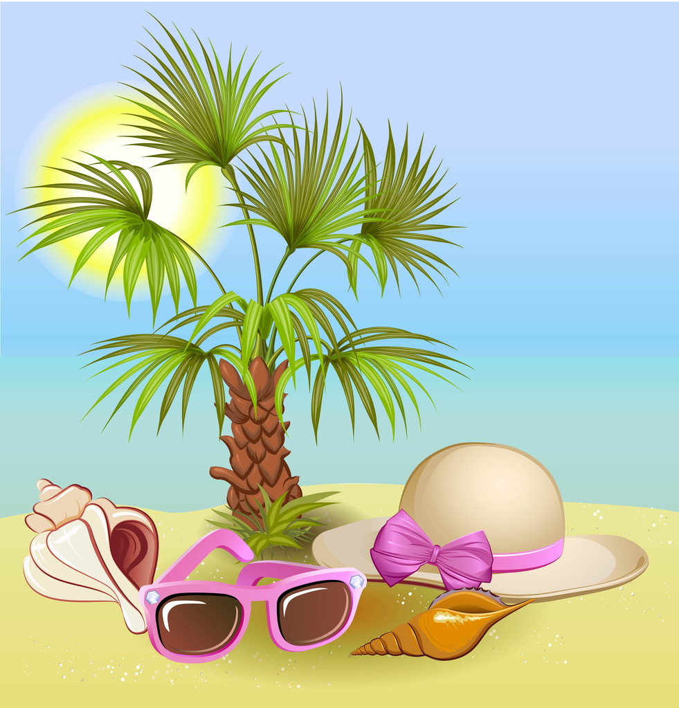 Fundo de férias de verão à beira-mar com palma, chapéu, conchas e óculos de sol
 - Vetor, Imagem