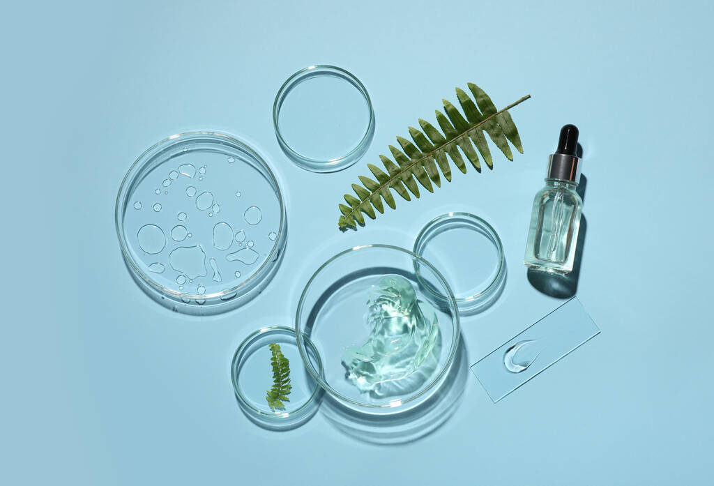 Composición plana con producto cosmético, helecho y cristalería de laboratorio sobre fondo azul claro - Foto, imagen