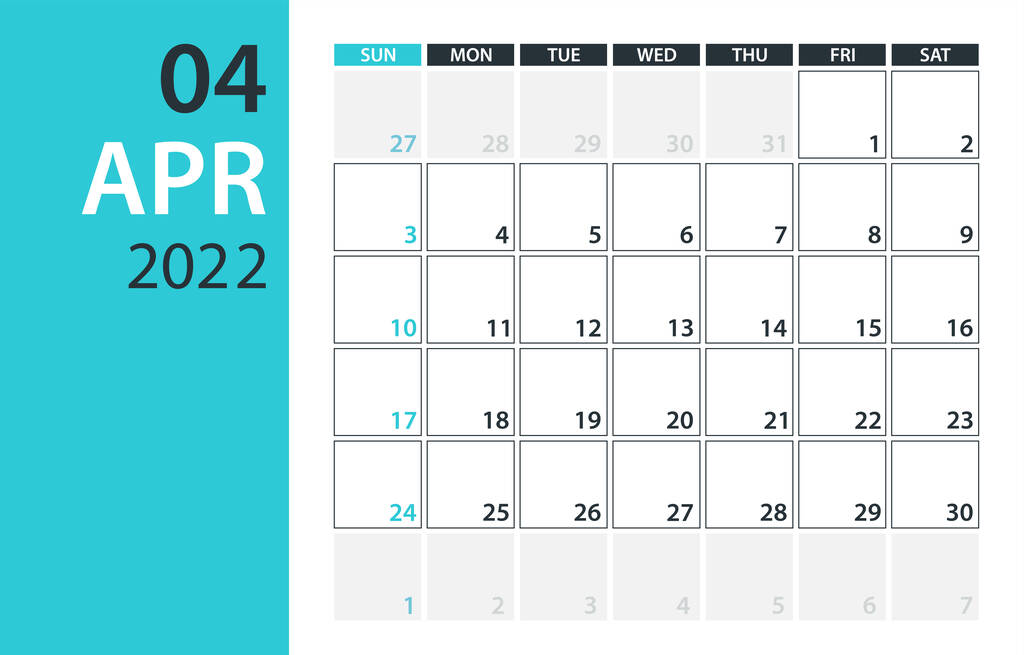 Kwiecień 2022 Kalendarz Planer - Wektor. Wzór szablonu - Wektor, obraz