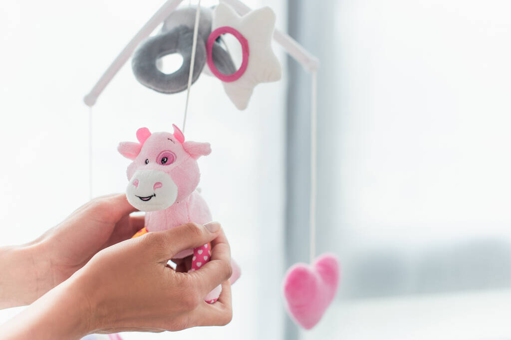 Cropped view of woman holding toy on blurred hanger  - Photo, Image