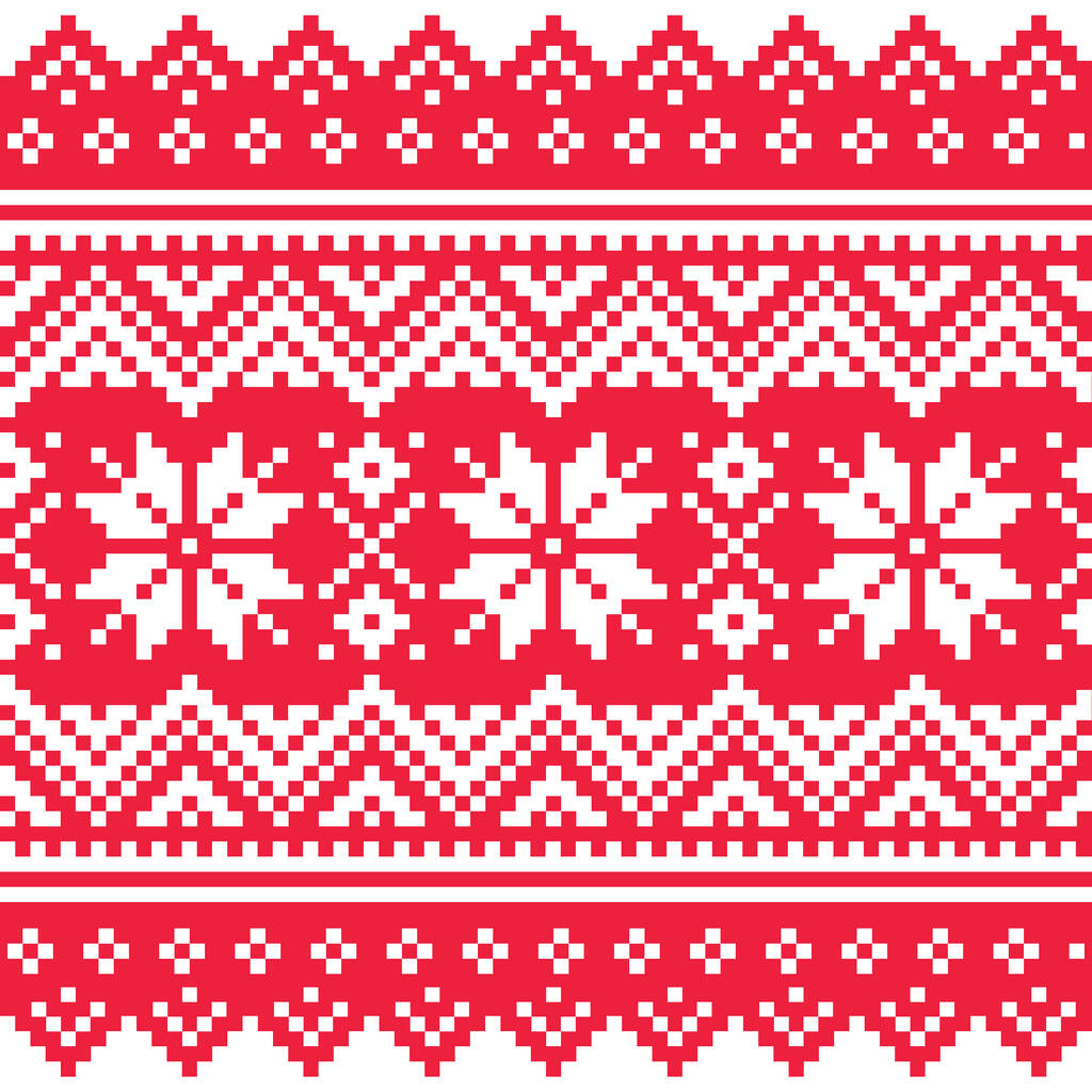 Karácsonyi vektor zökkenőmentes téli minta, ünnepi vörös-fehér nyomtatás ihlette Sami emberek, Lappföldi népművészet design, hagyományos kötés és hímzés - Vektor, kép