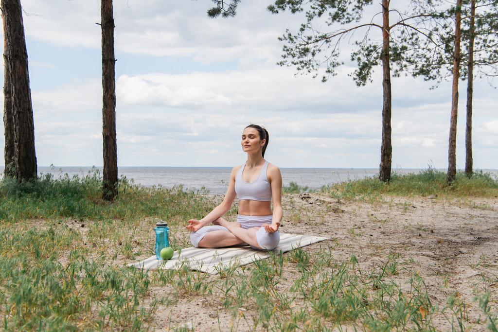 brunette nainen urheiluvaatteet istuu lootus aiheuttaa ja meditoi jooga matto  - Valokuva, kuva