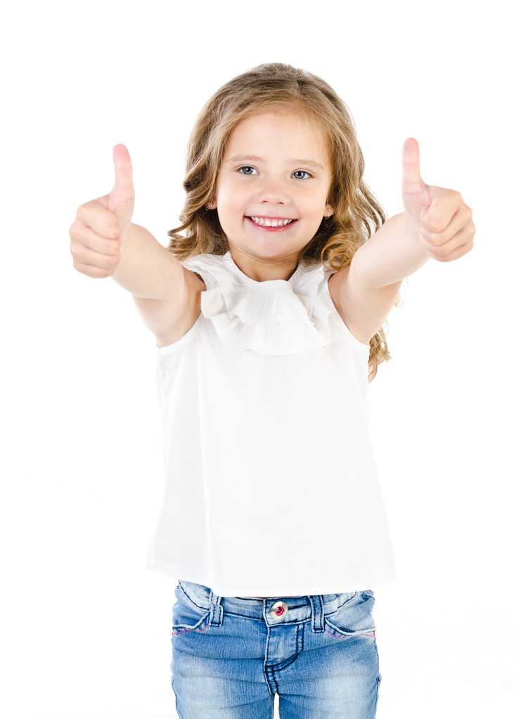 Счастливая милая маленькая девочка с двумя пальцами вверх
 - Фото, изображение
