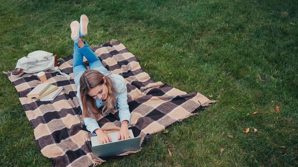 Visão aérea do estudante sorrindo usando laptop no cobertor no parque  - Foto, Imagem