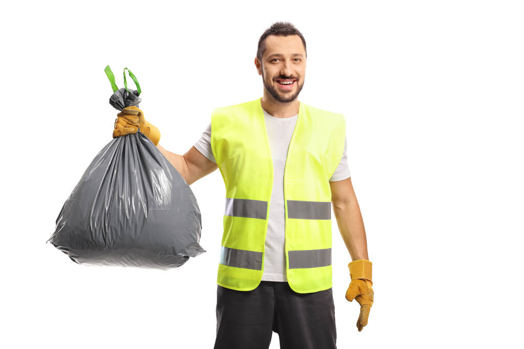 Waste collector holding a bin bag with gloves isolated on white background - Fotografie, Obrázek