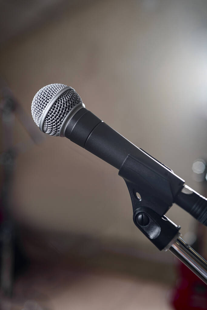 Un microfono grigio su uno stand si erge sul palco. - Foto, immagini
