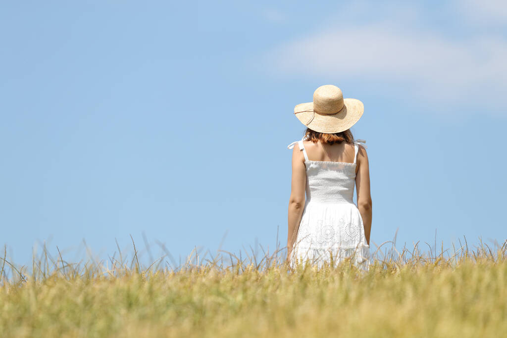 Rückseite Porträt einer Frau, die im Sommer über ein Weizenfeld geht - Foto, Bild