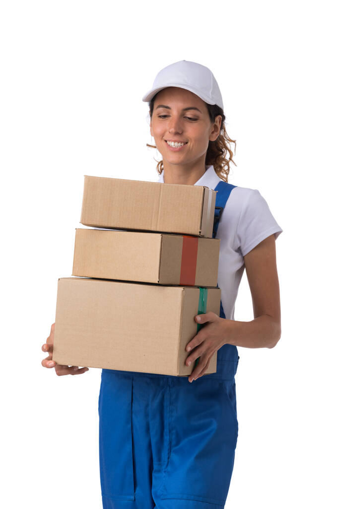 Retrato de mulher de parto sorridente feliz com pilha de caixas isoladas no fundo branco - Foto, Imagem
