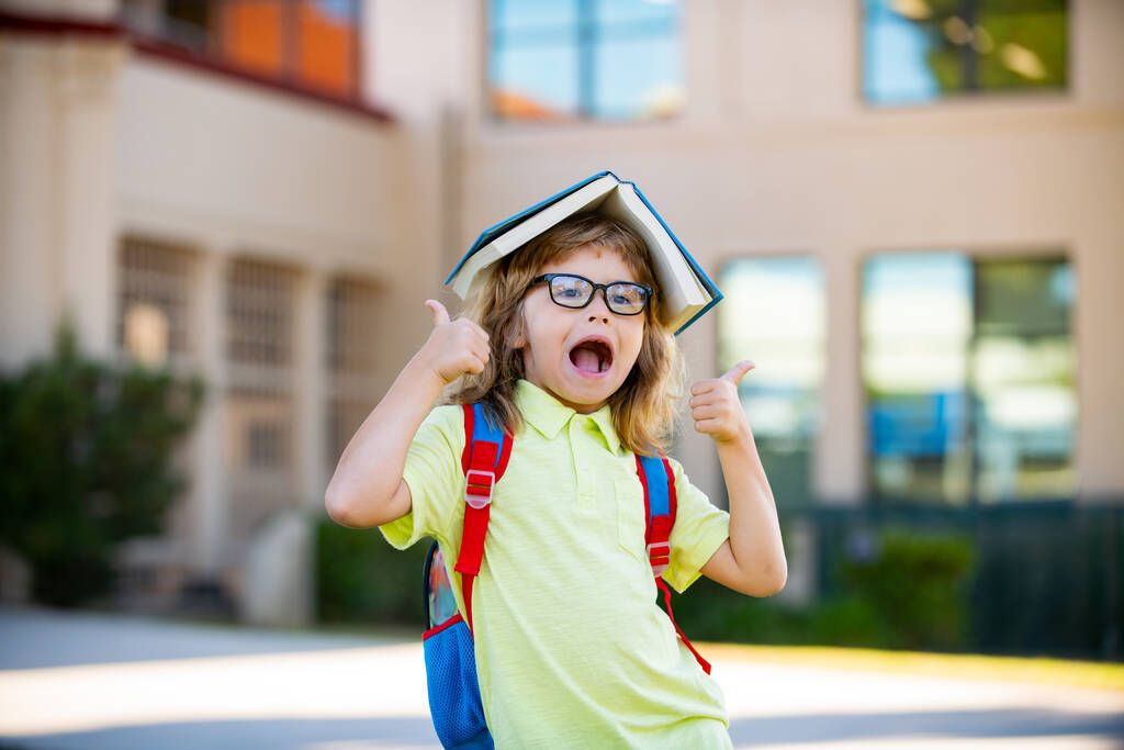 Boldog mosolygós gyerek szemüvegben először jár iskolába. Tanulj a tanulásból. A táskás kisfiú általános iskolába jár. Az általános iskola gyermeke. Vissza a suliba. A gyerekek oktatása. - Fotó, kép