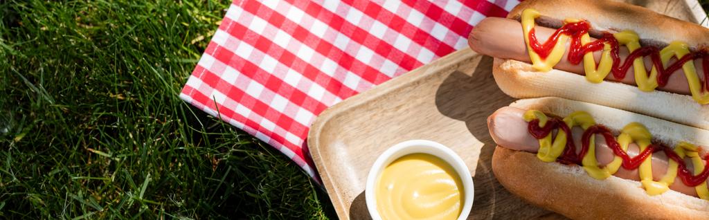vue du dessus des hot-dogs et de la moutarde dans un bol près de la serviette de table à carreaux sur herbe verte, bannière - Photo, image