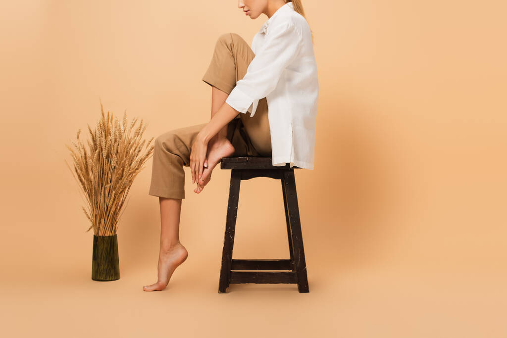 боковой вид обрезанной женщины в белой рубашке и брюках, позирующих на стуле возле шипов на бежевом фоне - Фото, изображение