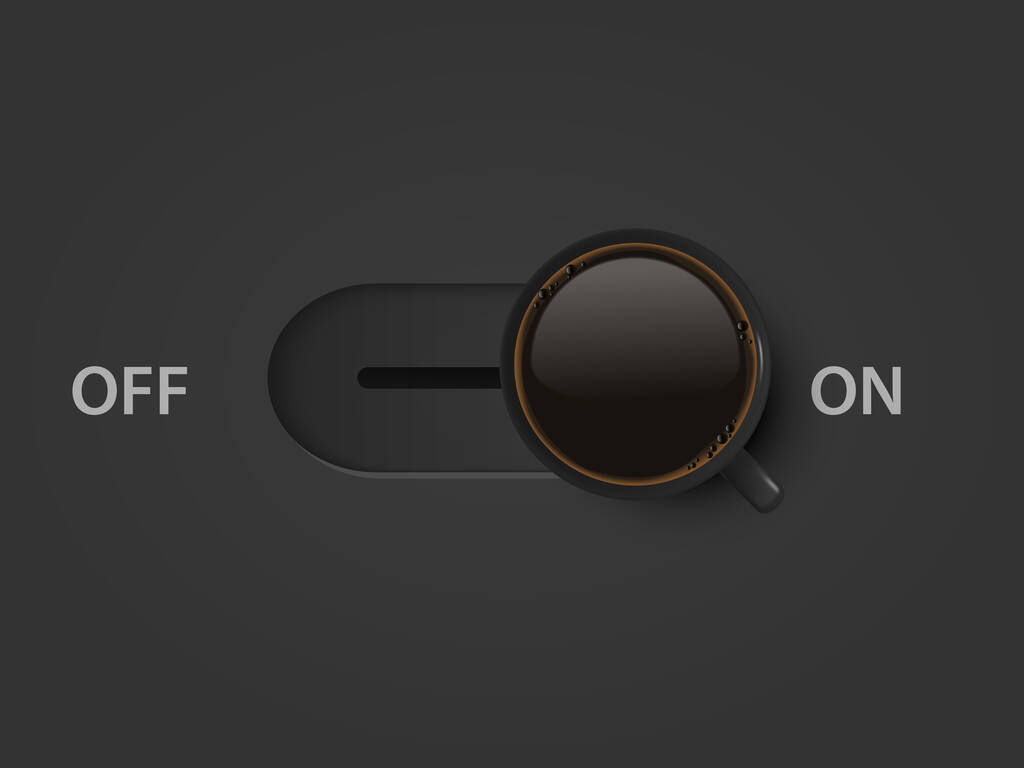 Έννοια ενέργειας καφέ. Κλείσε, στο Switch. Διάνυσμα 3d Ρεαλιστική Μαύρη Κούπα με Μαύρο Καφέ. Creative Banner με φλιτζάνι καφέ. Πρότυπο σχεδιασμού. Πάνω όψη - Διάνυσμα, εικόνα