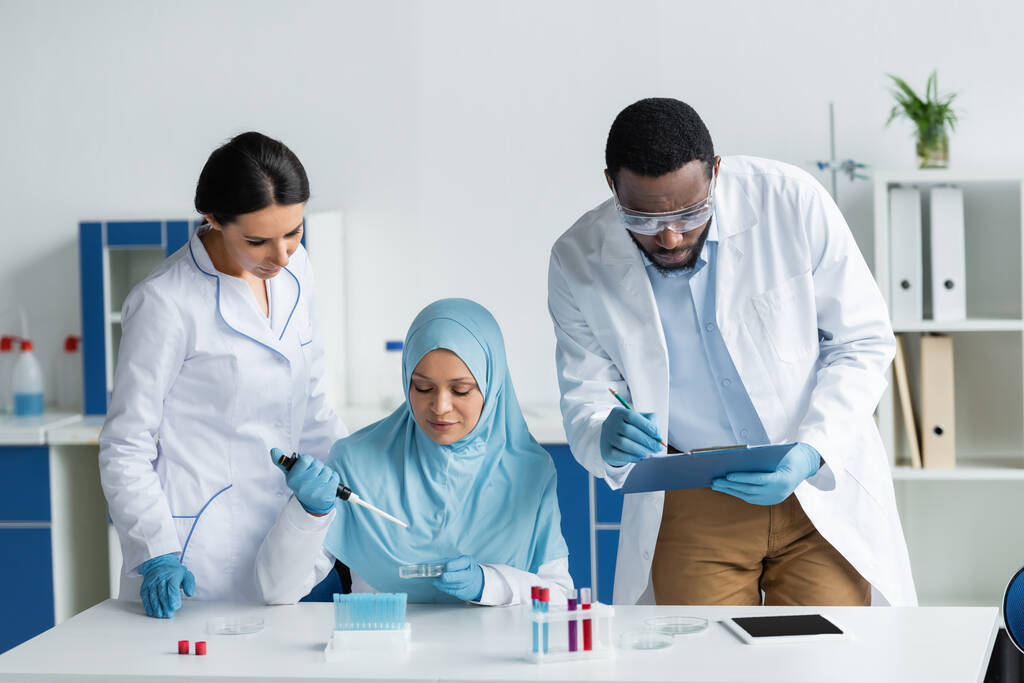 Lateks eldivenli çok ırklı bilim adamları laboratuarda pano ve petri kaplarıyla çalışıyorlar.  - Fotoğraf, Görsel