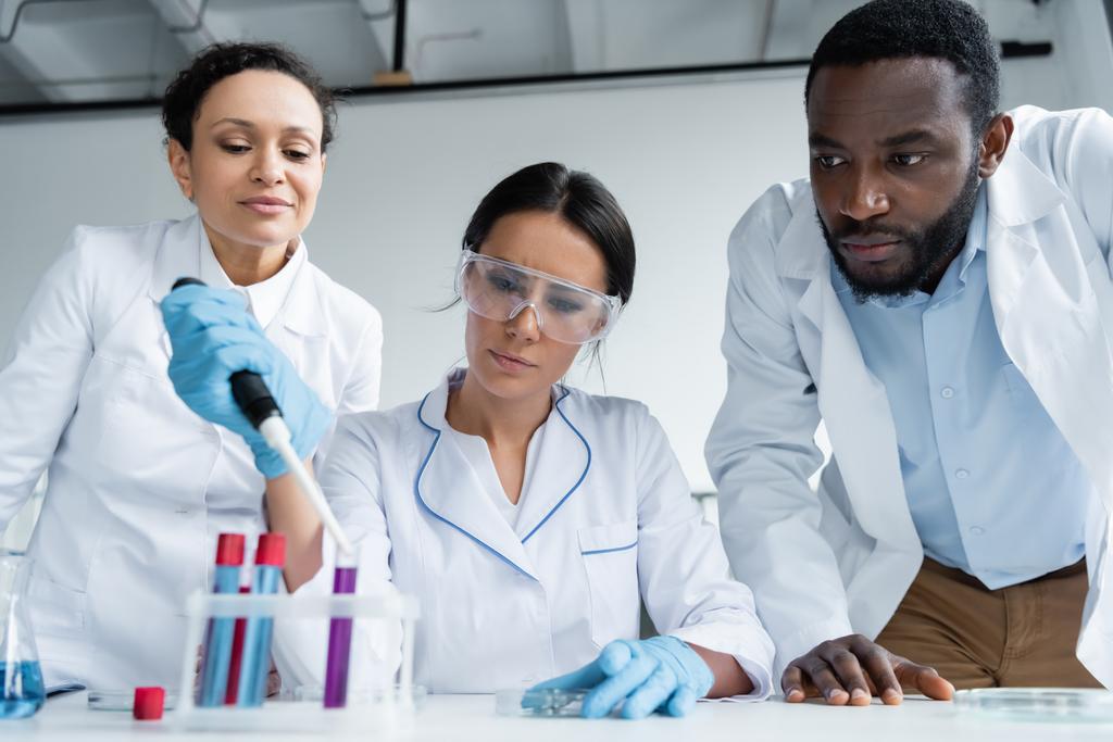 African american scientists looking at colleague making experiment in laboratory  - Photo, Image