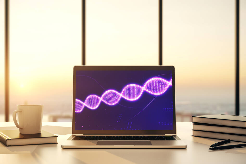 Креативная концепция с иллюстрацией символа ДНК на современном экране ноутбука. Концепция исследования генома. 3D рендеринг - Фото, изображение