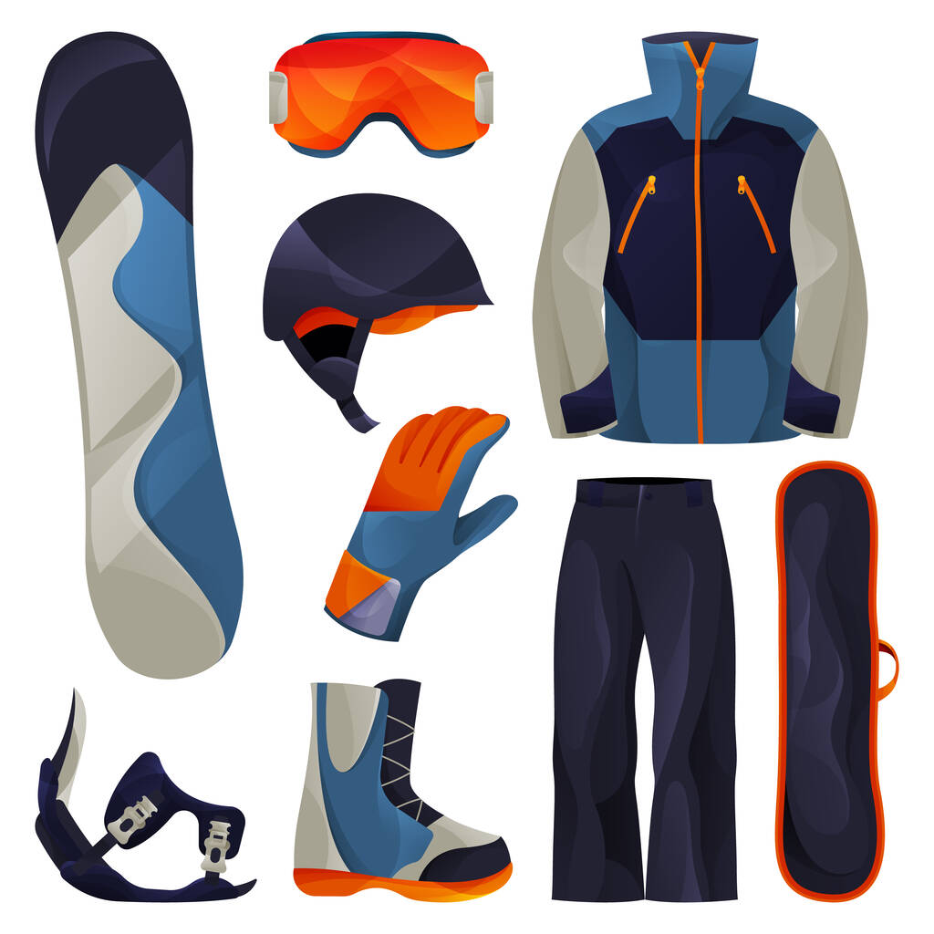 Snowboarding sport tools set, vector flat icons - Vector, Image