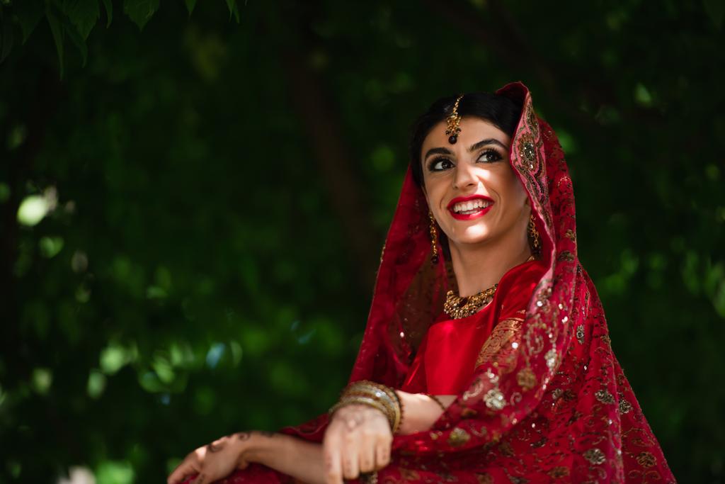 zadowolona indyjska panna młoda w czerwonym sari i tradycyjnym chustce z ornamentem  - Zdjęcie, obraz
