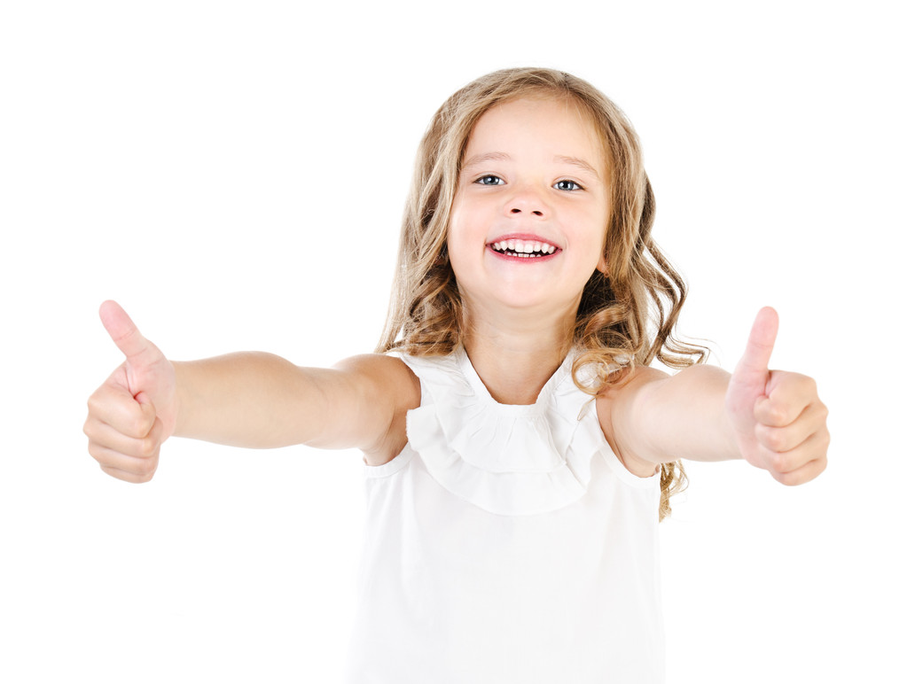 Happy cute little girl with two finger up isolated - Photo, Image