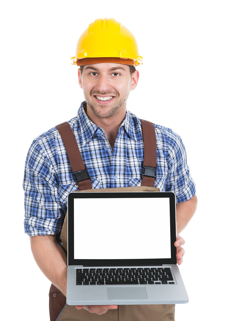 Handarbeiter zeigt Laptop an - Foto, Bild