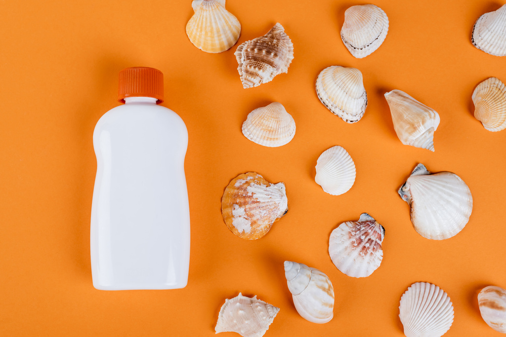 верхний вид ракушек рядом с белой бутылкой солнцезащитного крема на оранжевой поверхности - Фото, изображение