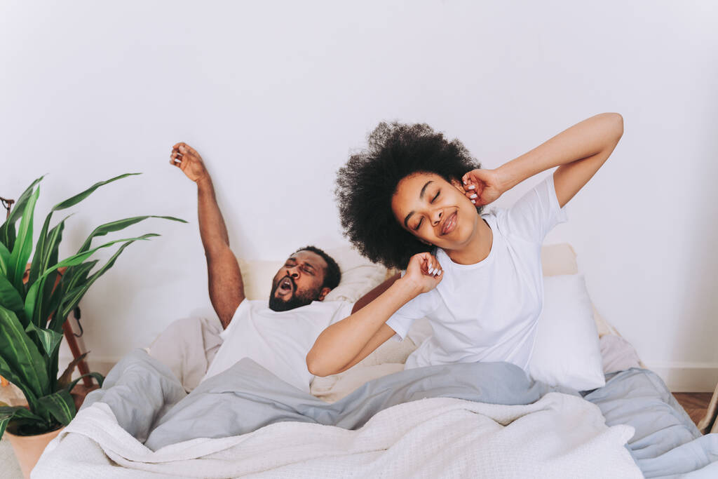 Afro coppia americana a letto - Davvero bella e allegra coppia di amanti a casa - Foto, immagini