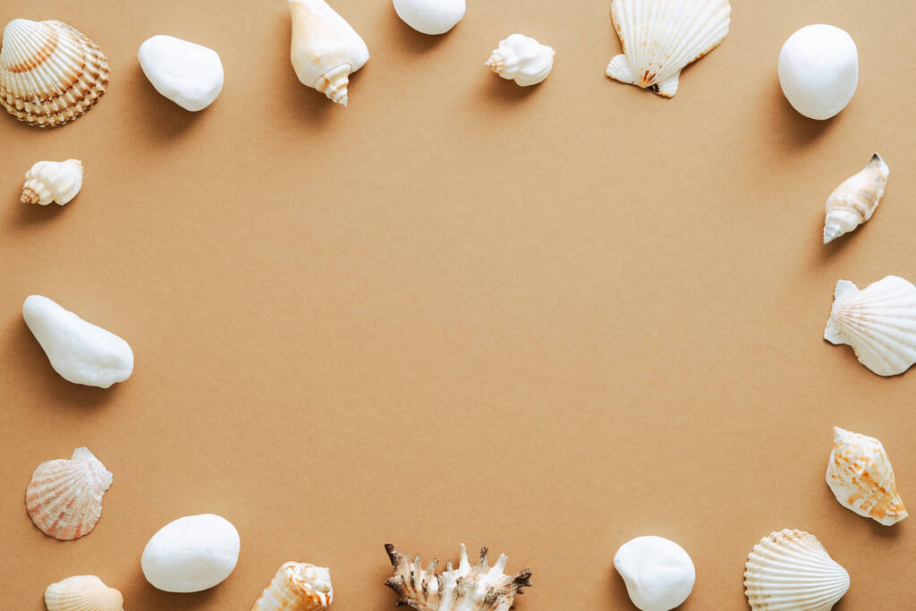 Seashells πλαίσιο σε αμμώδη φόντο πάνω όψη. Καλοκαιρινές διακοπές. - Φωτογραφία, εικόνα