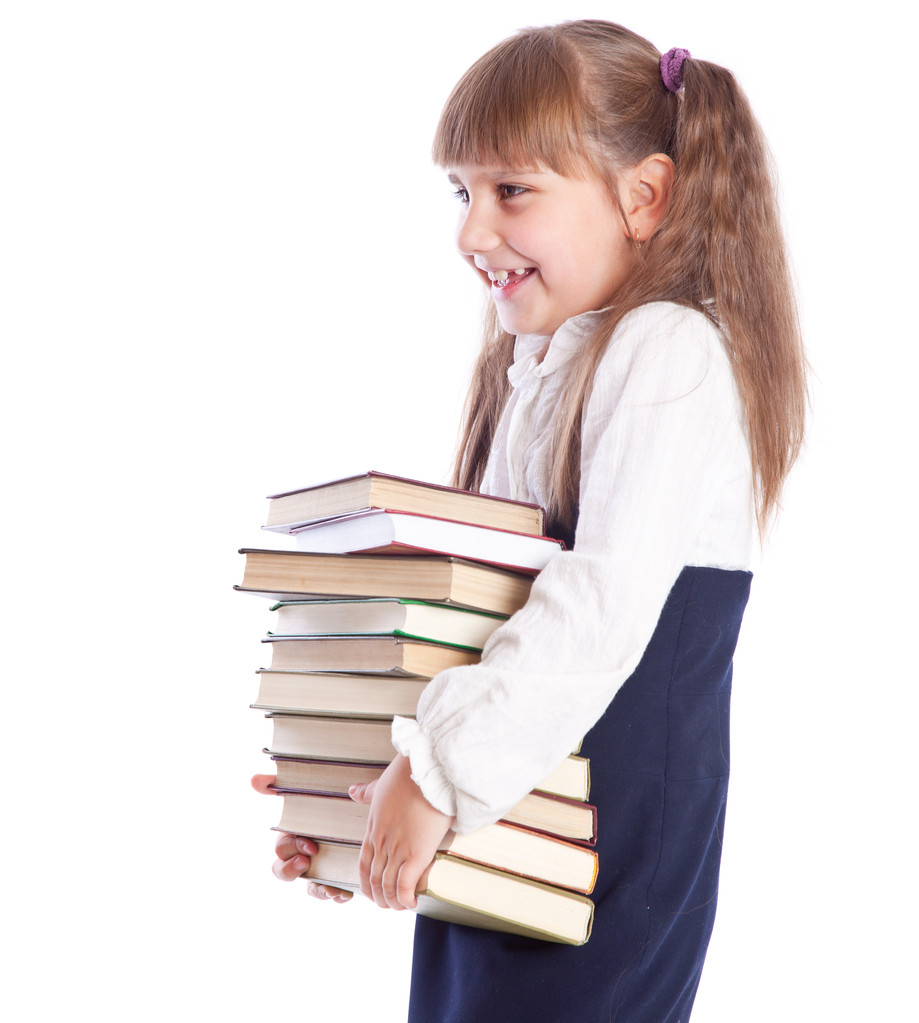 uśmiechnięte dziewczyny z ogromny stos książek - Zdjęcie, obraz