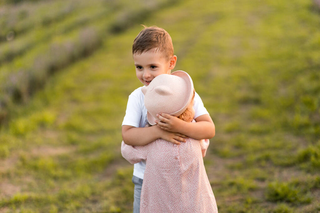 маленький мальчик с сестрой в поле  - Фото, изображение