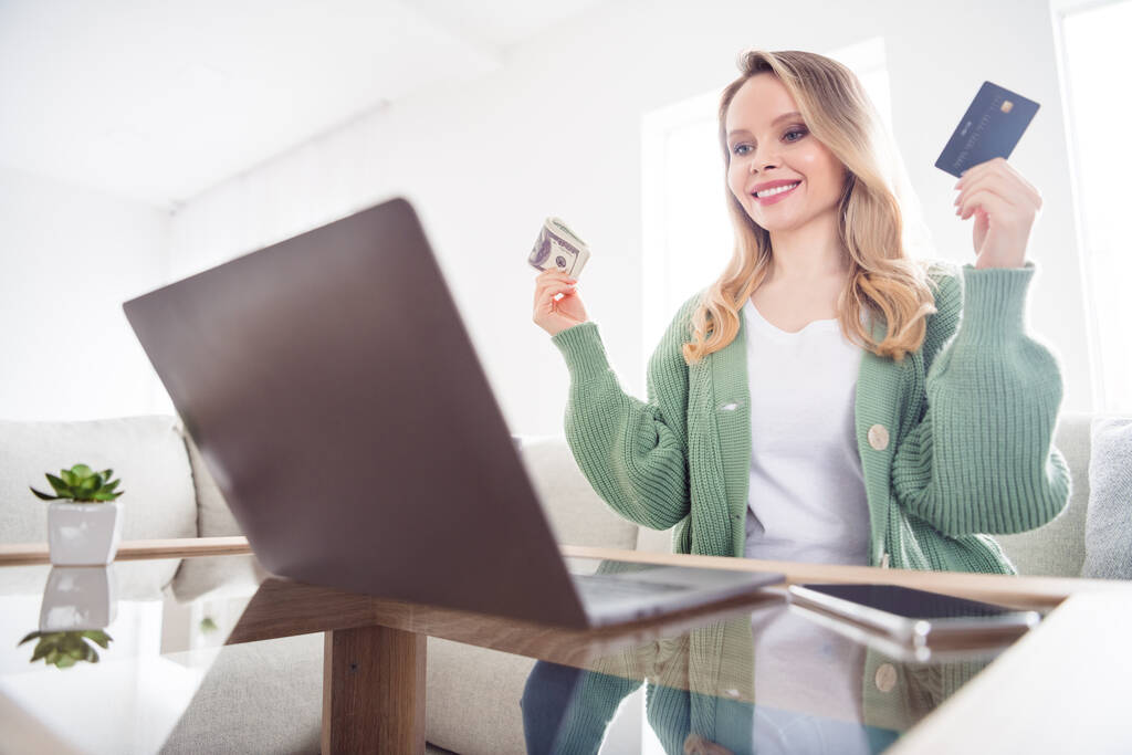 Portrait of attractive cheerful girl using laptop holding bank card currency earning drop shipping at home light white flat indoors - Photo, Image