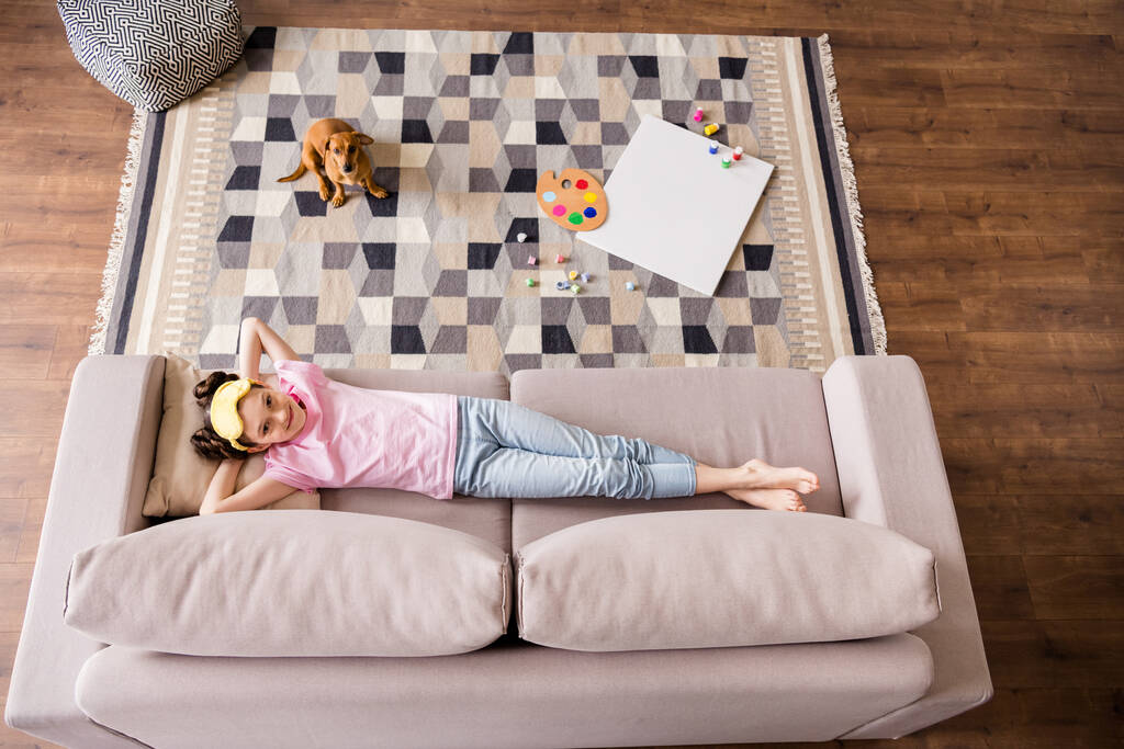 Верхний над высоким углом зрения портрет привлекательной веселой девушки, лежащей на диване с собакой свободное время в доме квартиру в помещении - Фото, изображение