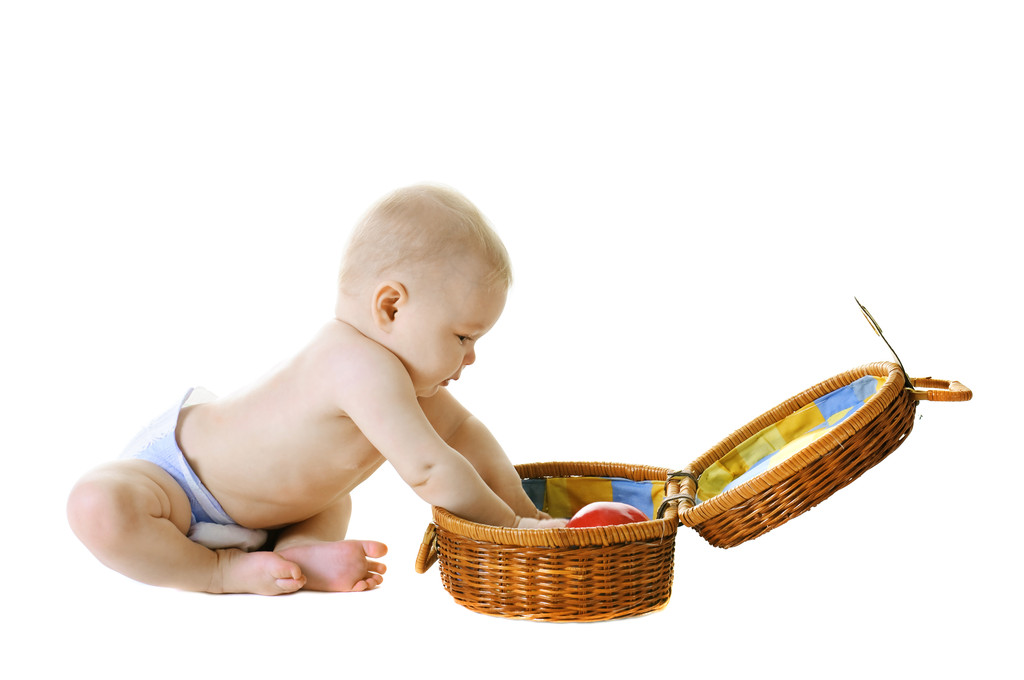 Little baby with basket on white background isolated - Photo, Image
