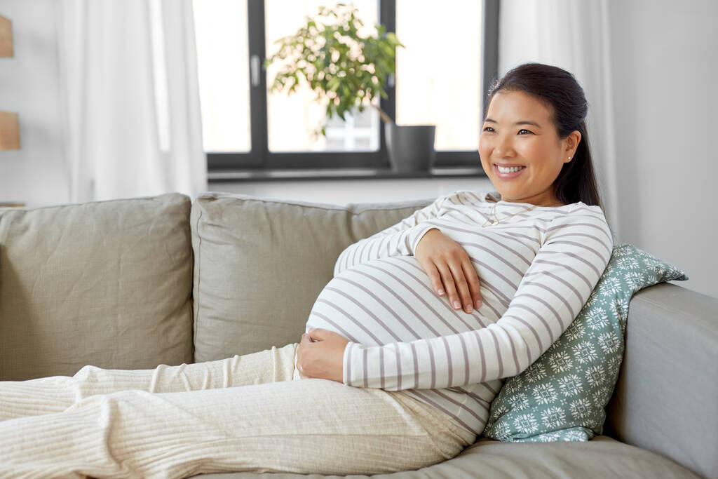 feliz grávida asiática mulher sentada no sofá em casa - Foto, Imagem