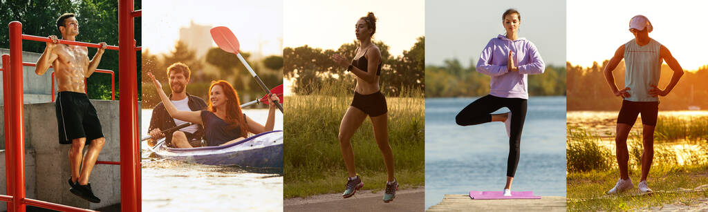 Collage über fitte Männer und Frauen beim Fitnesstraining im Freien. Sport, Training, Athlet, Workout, Trainingskonzept - Foto, Bild