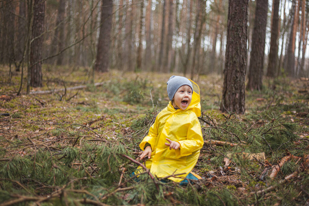 Child in the yellow raincoat walks in the forest after the rain and fun - Photo, Image