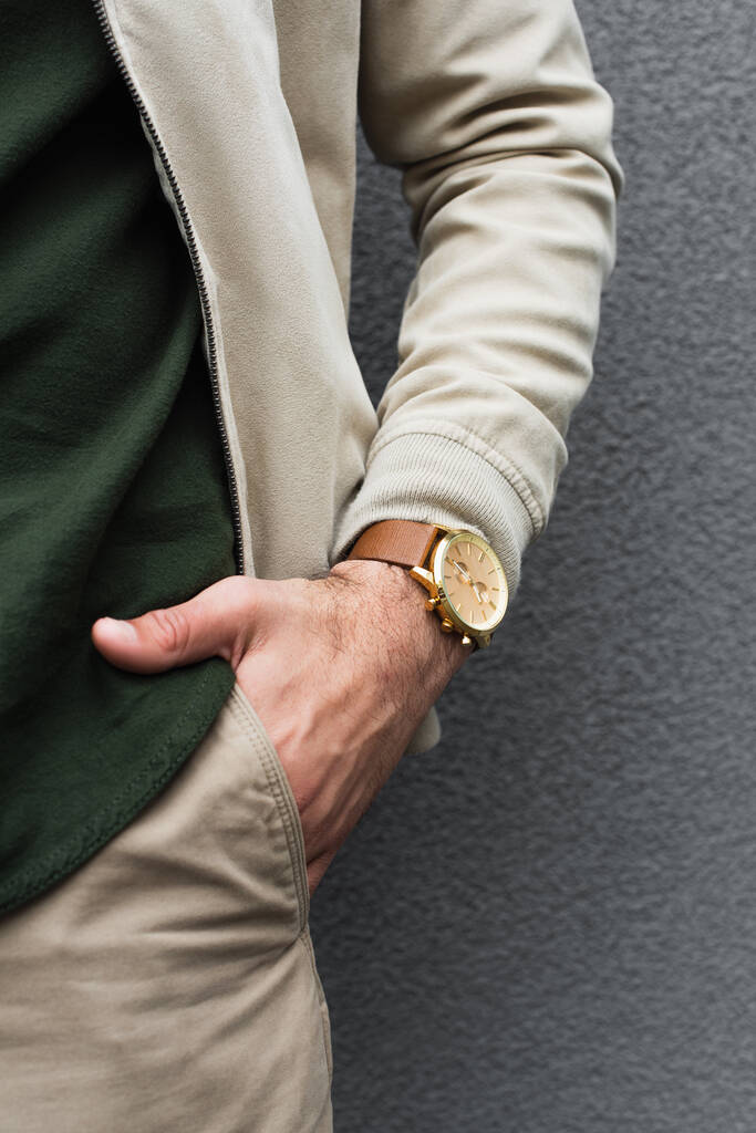 vista recortada de hombre joven con elegante reloj de pulsera posando con la mano en el bolsillo cerca de la pared gris - Foto, imagen