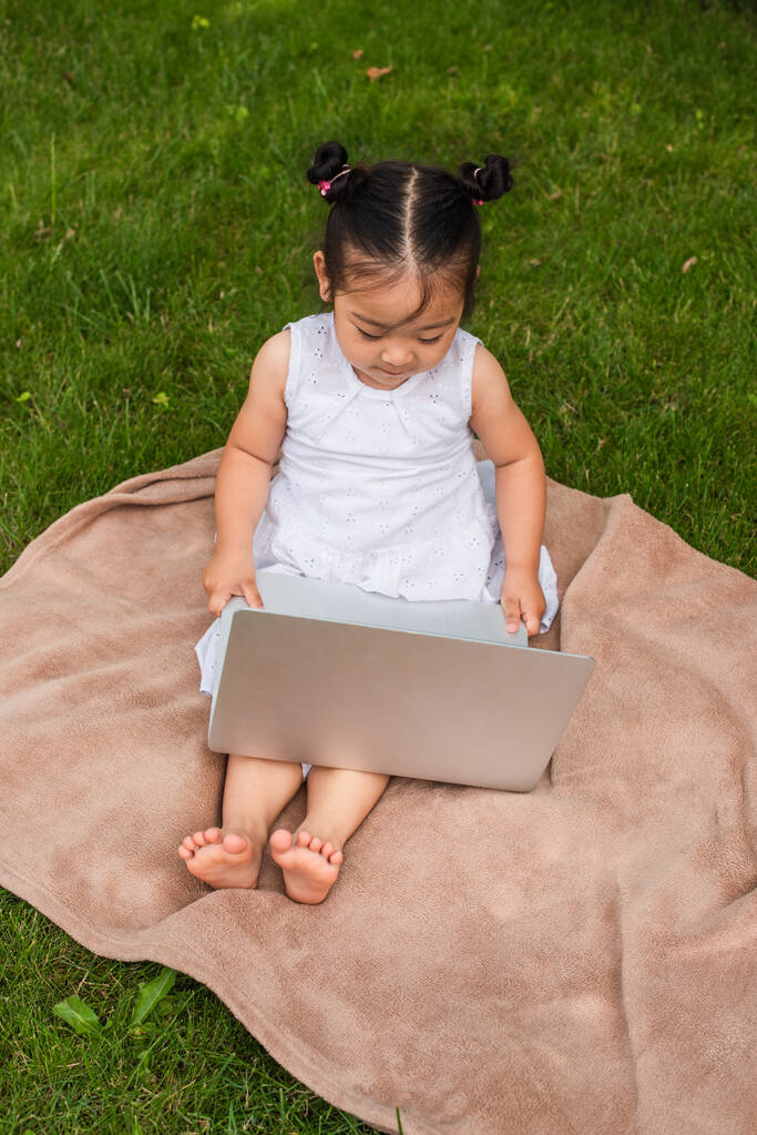 alto ángulo vista de pequeño asiático niño viendo película en portátil mientras sentado en picnic manta en parque - Foto, Imagen