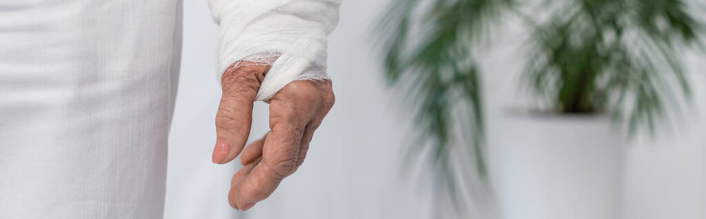 Обрезанный вид пожилой женщины с гипсовой повязкой на поврежденной руке, баннер  - Фото, изображение
