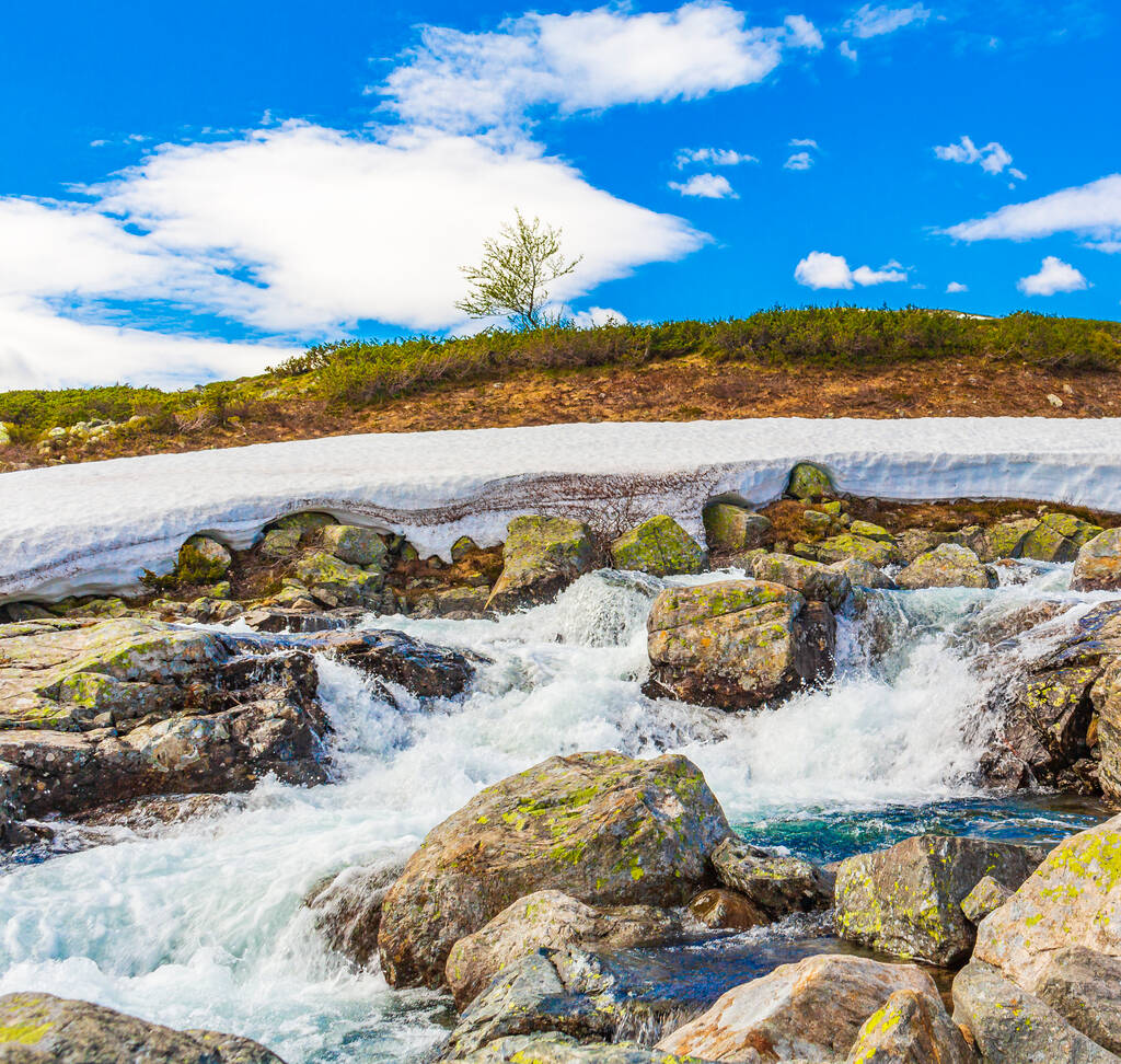 Beautiful Storebottane river by the vavatn lake with snow in the summer landscape in Hemsedal Norway. - Photo, Image