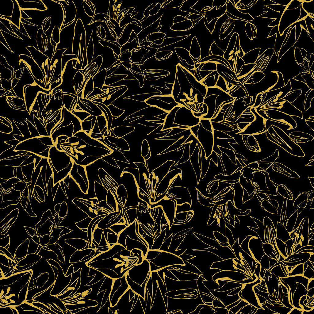 Esquema dorado de flores Lirio dibujado a mano sobre fondo negro. - Vector, imagen