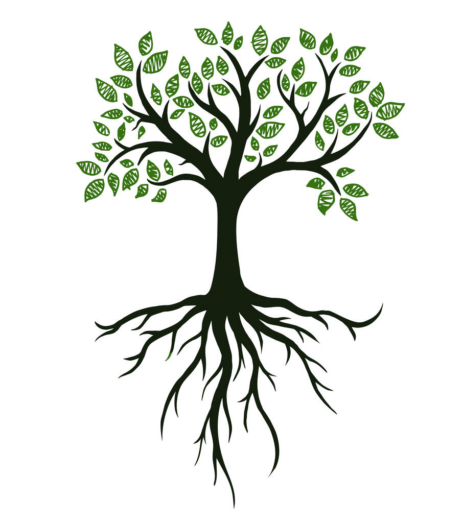 Символ дерева с корнями, настоящий ручной рисунок - Вектор,изображение