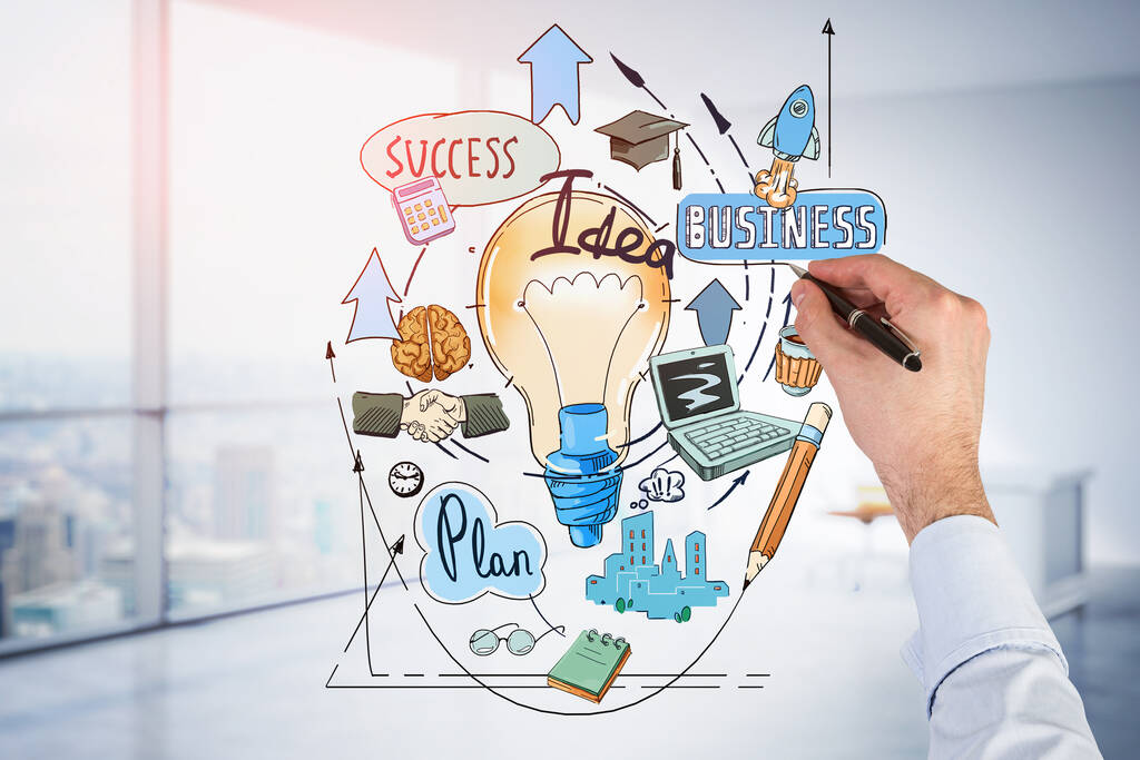 Businessman hand drawing colorful light bulb as a concept of new idea for start up. Concept of creativity and brainstorming. Panoramic office on background - Photo, Image