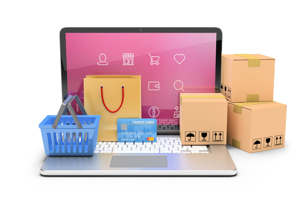 Koncepcja 3d e-commerce i sklepu internetowego. Obraz 3D. Białe tło. - Zdjęcie, obraz