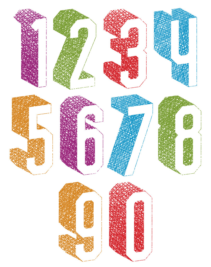 Ретро стиль 3d геометричних чисел набір з текстурою намальованих рукою ліній
 - Вектор, зображення