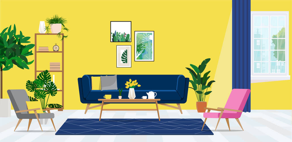 Lichte, zonnige woonkamer met blauwe bank en roze fauteuil - Vector, afbeelding
