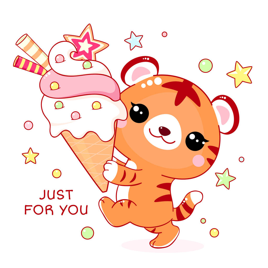 Cute yummy card in kawaii style. Lovely little tiger with ice cream - Vector, Image