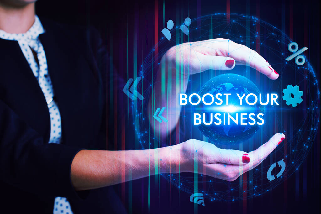 Business, Technology, Internet and network concept. Young businessman working on a virtual screen of the future and sees the inscription: Boost your business - Photo, Image