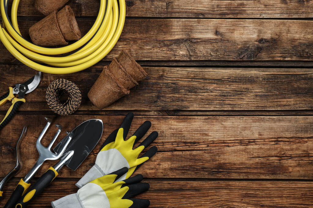 Flat lay composition with gardening tools on wooden background, space for text - Photo, Image