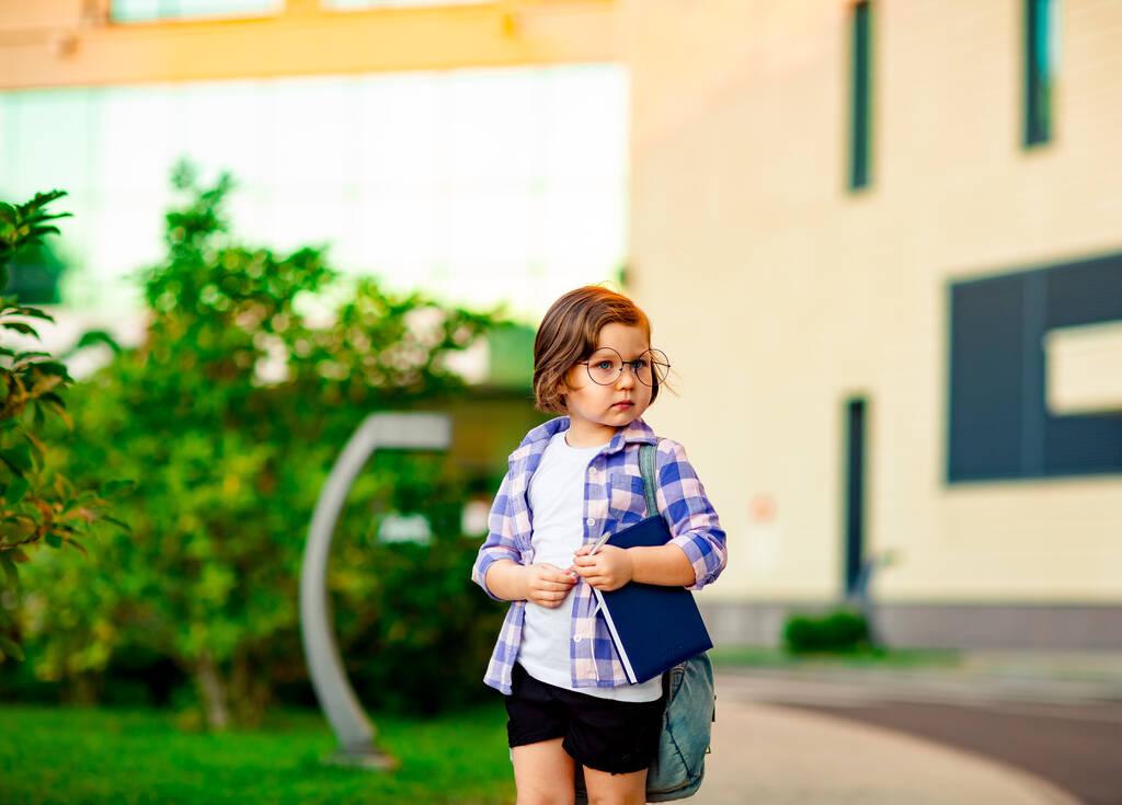 Ein schönes kleines Mädchen, eine Schülerin mit Brille, steht in der Nähe der Schule, mit einem Rucksack und einem Tagebuch in der Hand - Foto, Bild