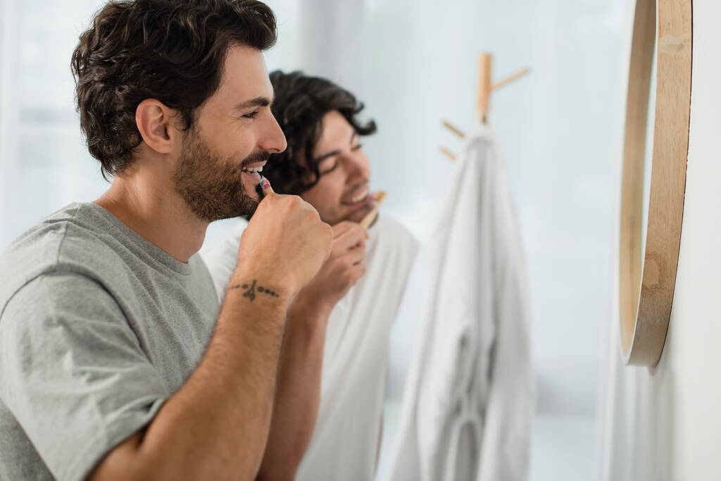 χαμογελαστό γκέι ζευγάρι βουρτσίζει τα δόντια στο μπάνιο - Φωτογραφία, εικόνα