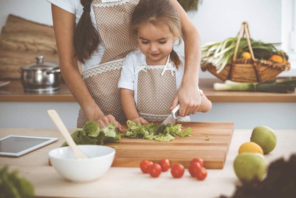 Happy woman and her daughter making healthy vegan salad and snacks for family feasting. Christmas, New year, Thanksgiving, Anniversary, Mothers Day. Healthy meal cooking concept. - Photo, Image